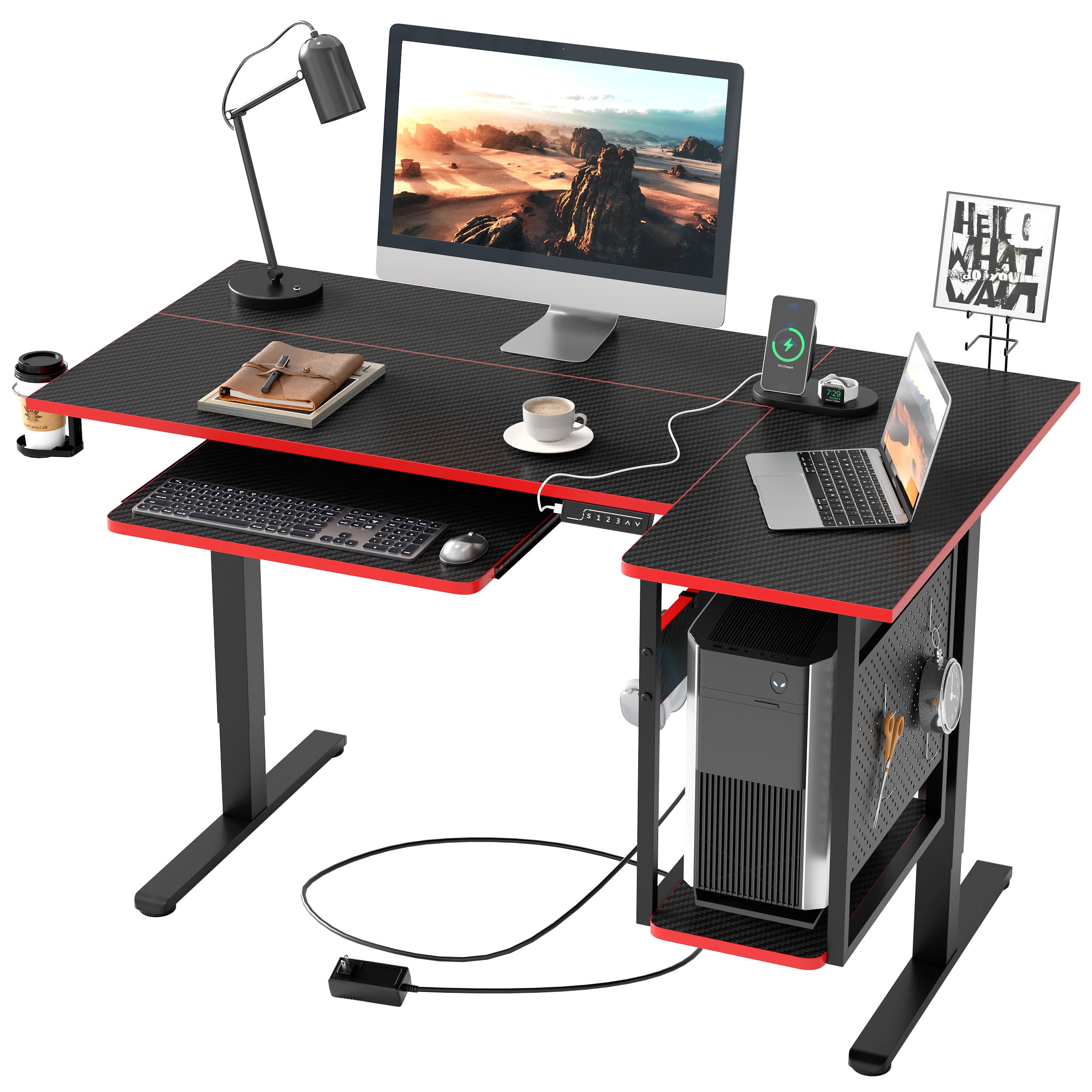 the black standing desk with keyboard tray