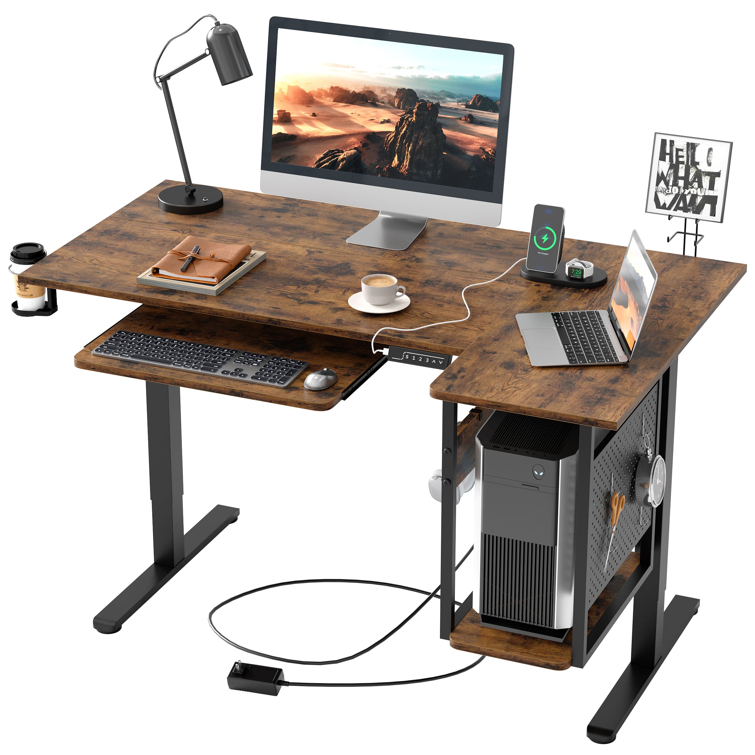 the brown standing desk with keyboard tray