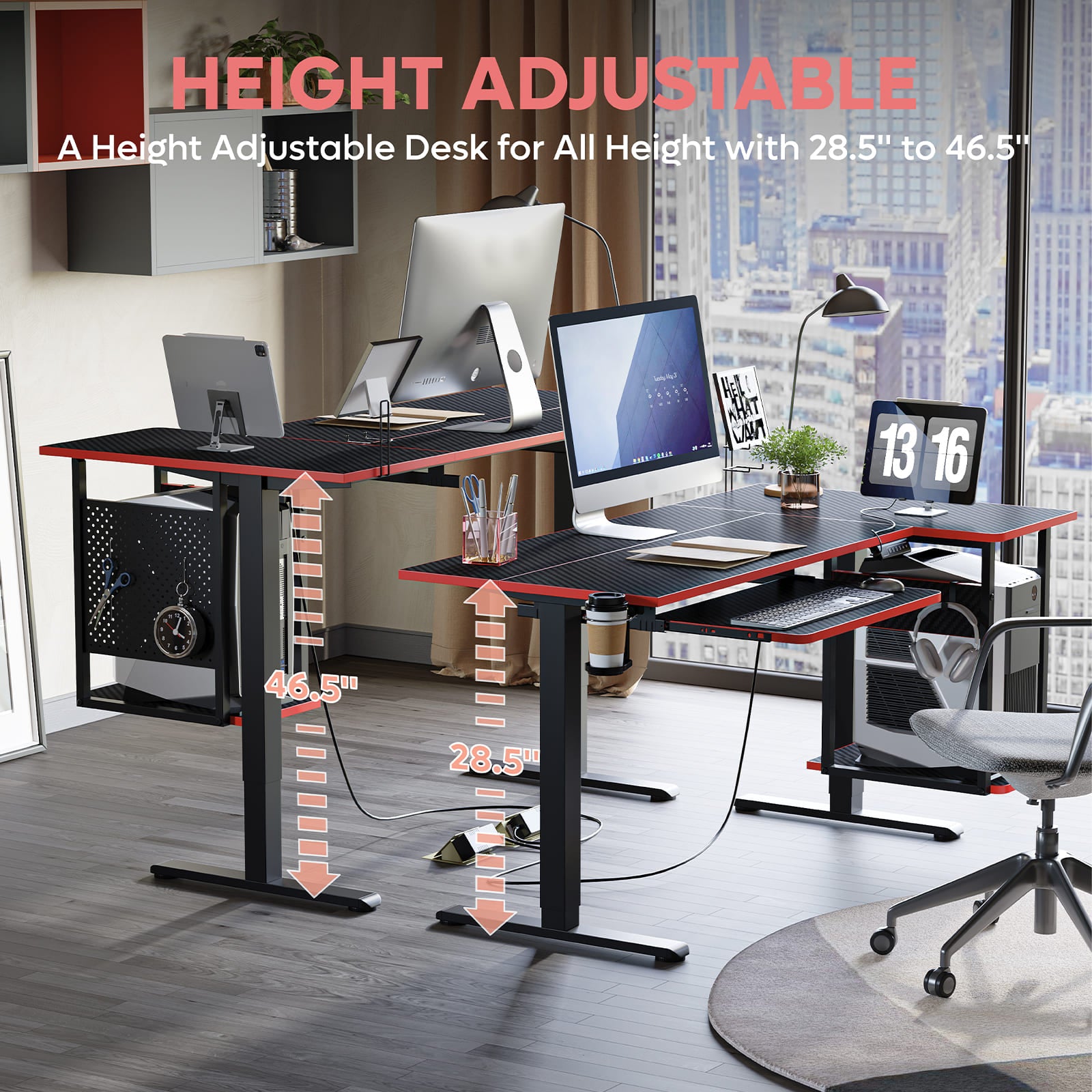 different height of the standing desk with keyboard tray