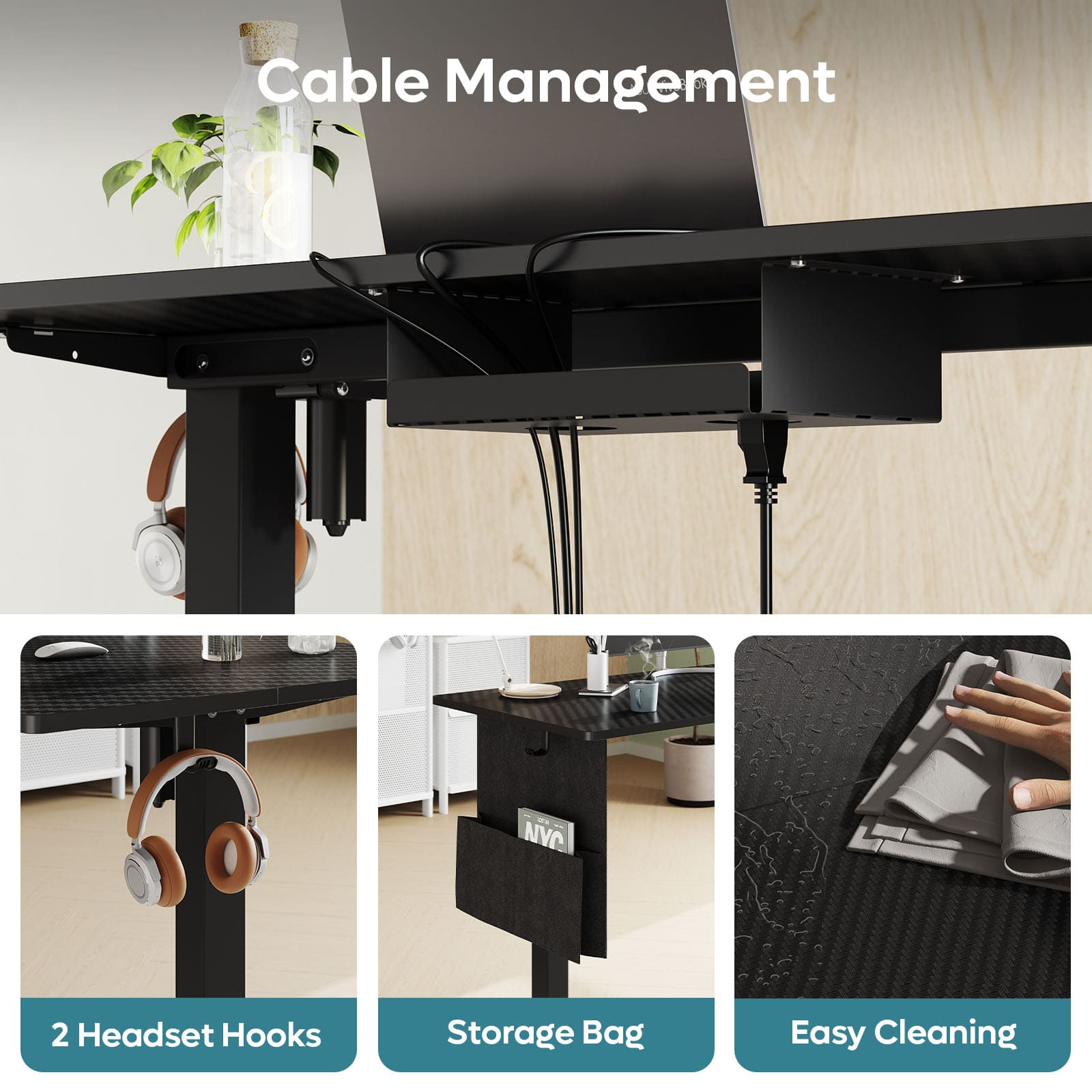 standing desk with cable management, headset hooks, storage bag and easy cleaning