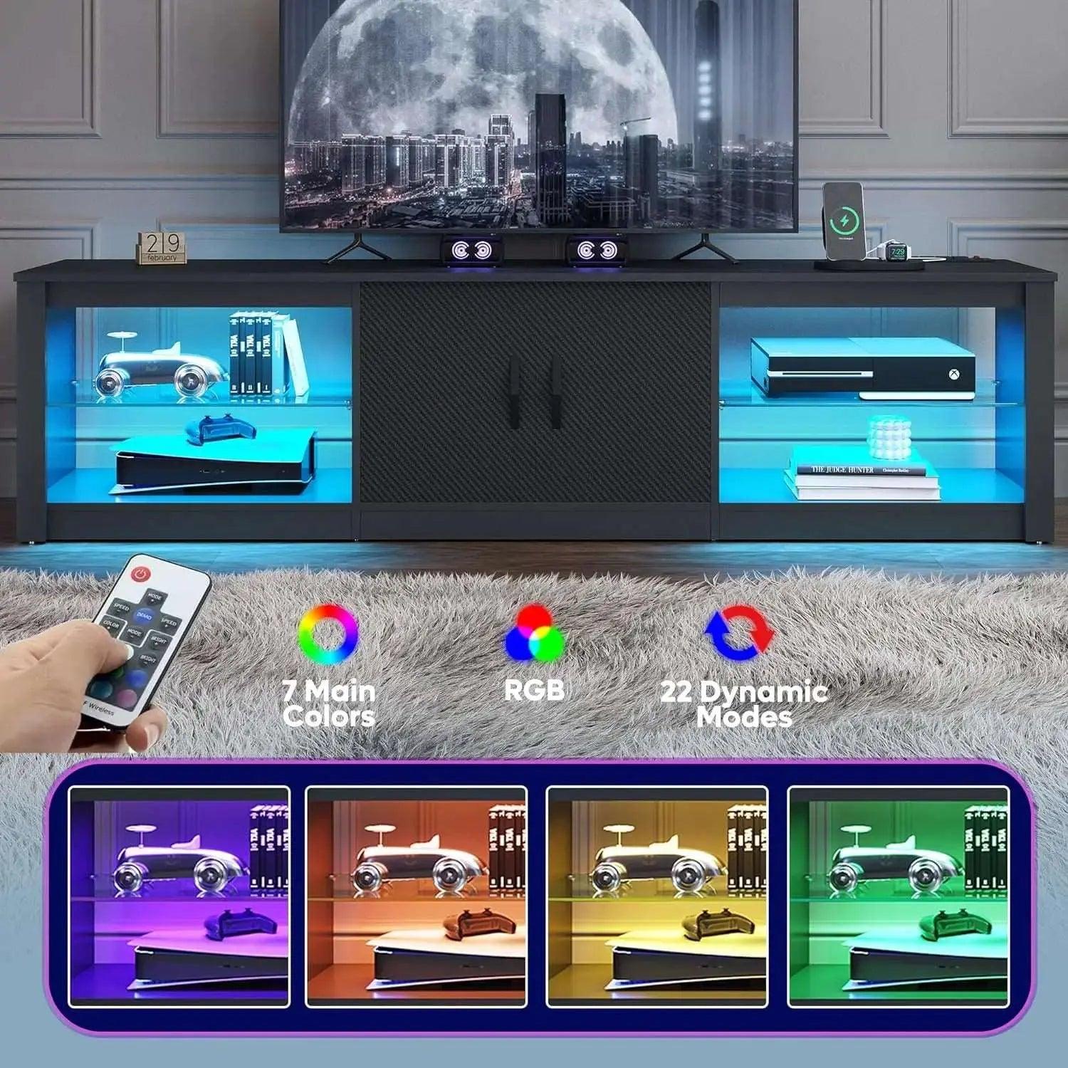 the RGB of Bestier 70 Inch TV Stand with LED Lights for 75 Inch TV Large Entertainment Center Gaming with Adjustable Glass Shelves Bestier