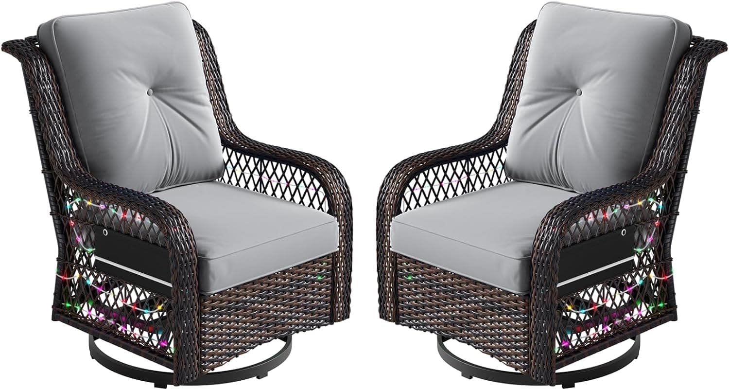 two grey swivel gliding chairs