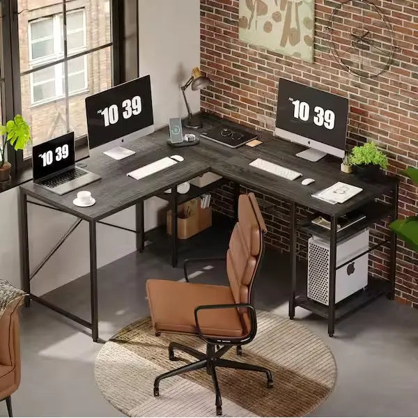 the charcoal two person l shaped desk in a room