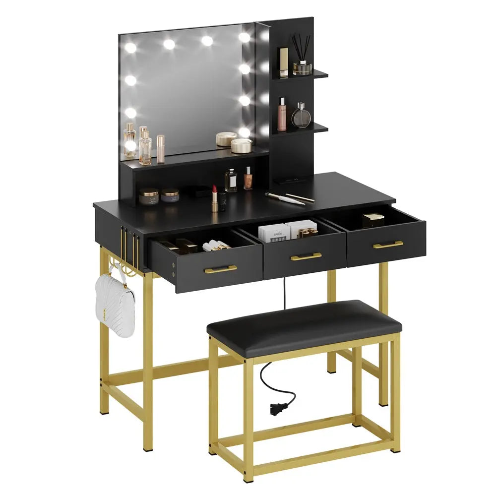 Makeup Vanity Desk of Golden Black Set with Mirror and Lights