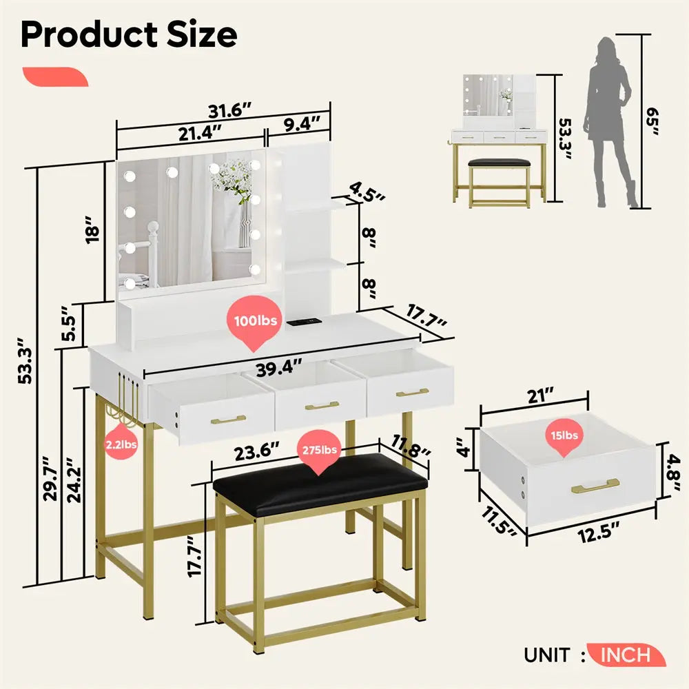 the size of white Makeup Vanity Desk Set with Mirror and Lights - Bestier