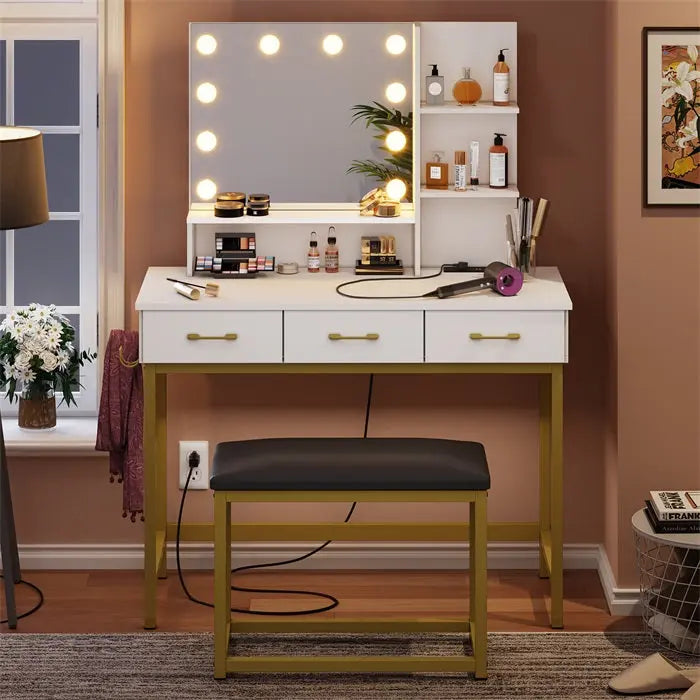 Makeup Vanity Desk of white Set with Mirror and Lights