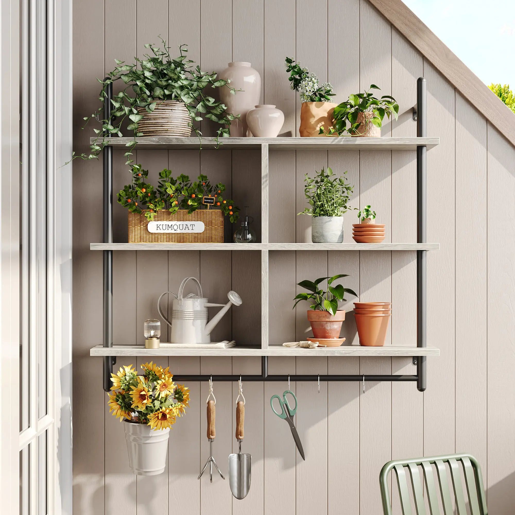 the three tier wall mounted floating shelves in the balcony