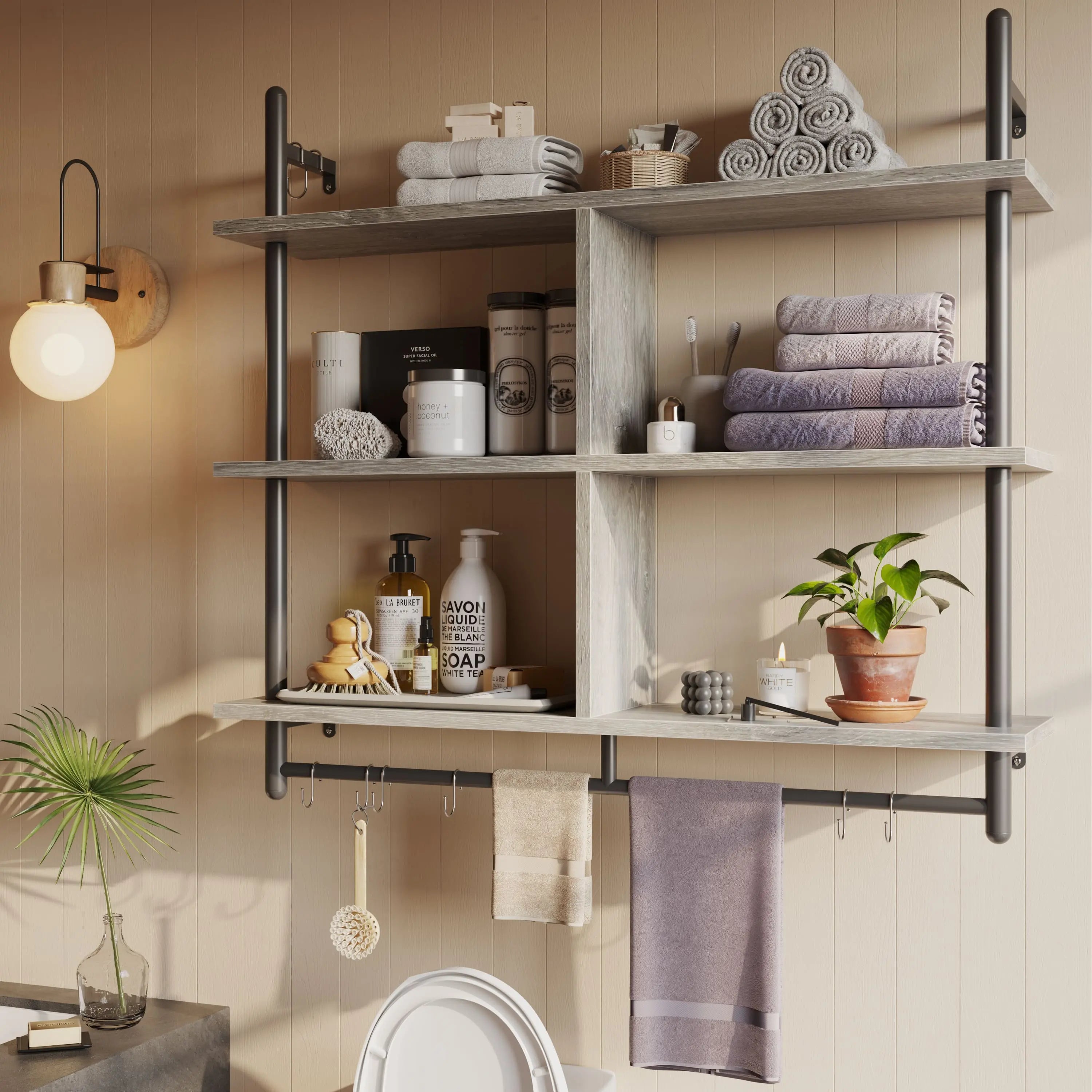 the three tier  wall mounted floating shelves in the bathroom