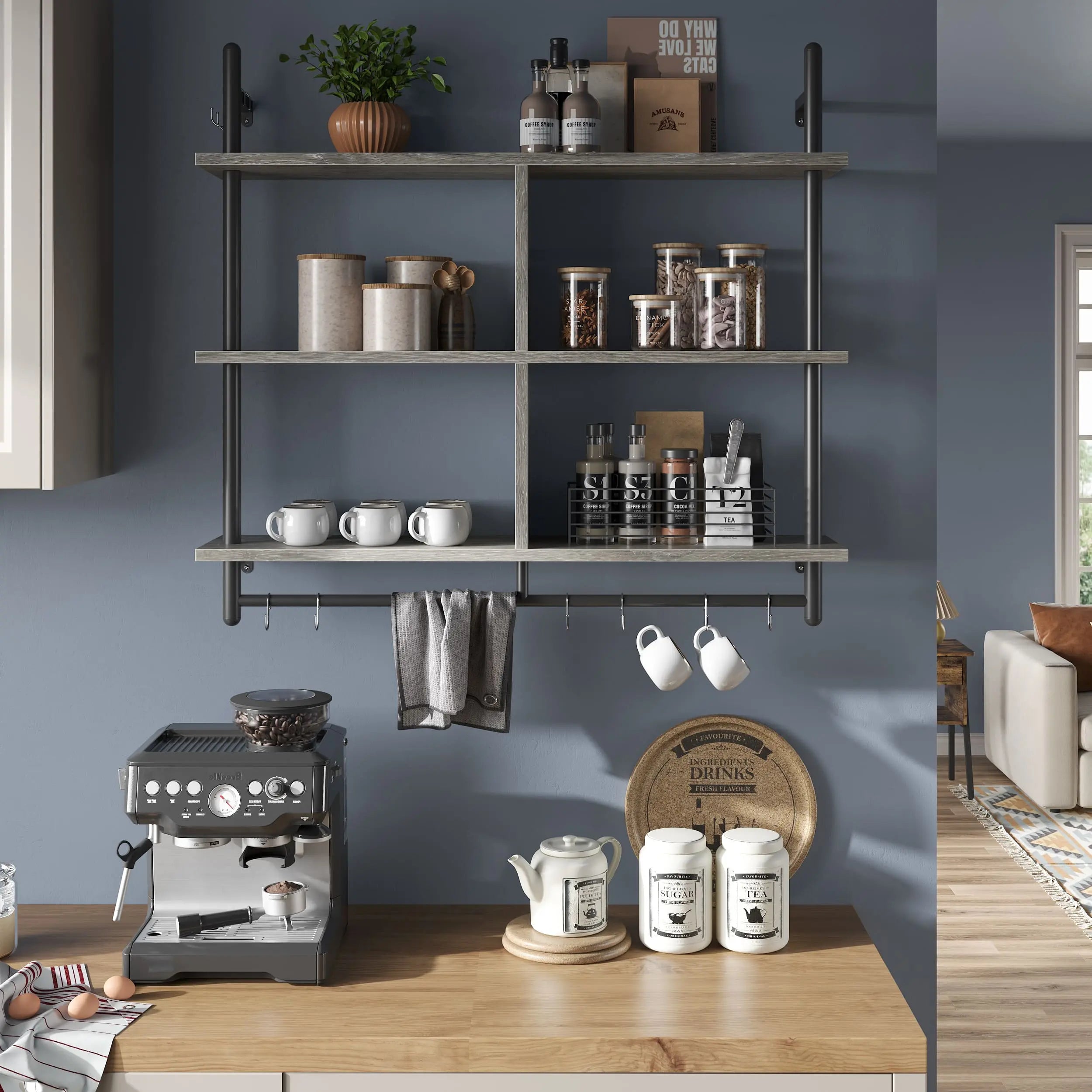 the three tier wall mounted floating shelves in a coffee shop