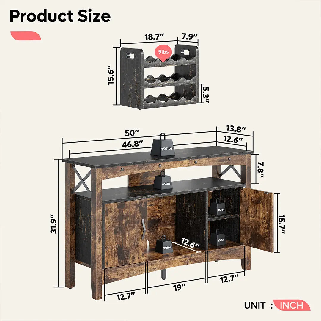 the size of 50'' Bar Cabinet with Removable Wine Rack - Bestier