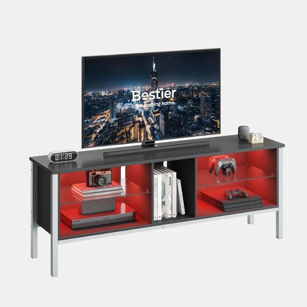 Bestier Gaming TV Stand for 70 Inch TV, Gaming Entertainment Center with LED Lights for PS4