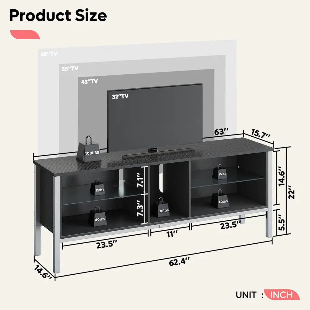 the size of TV Stand with LED Lights & Glass Shelves for 70 inch TV - Bestier