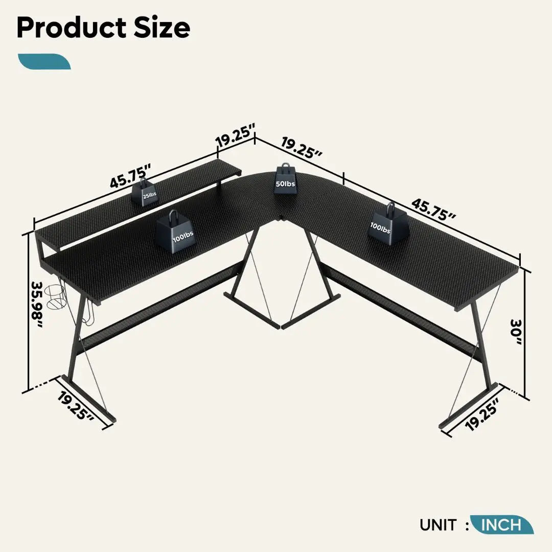 the size of 65 inch L Shaped Gaming Desk with LED Light - Bestier
