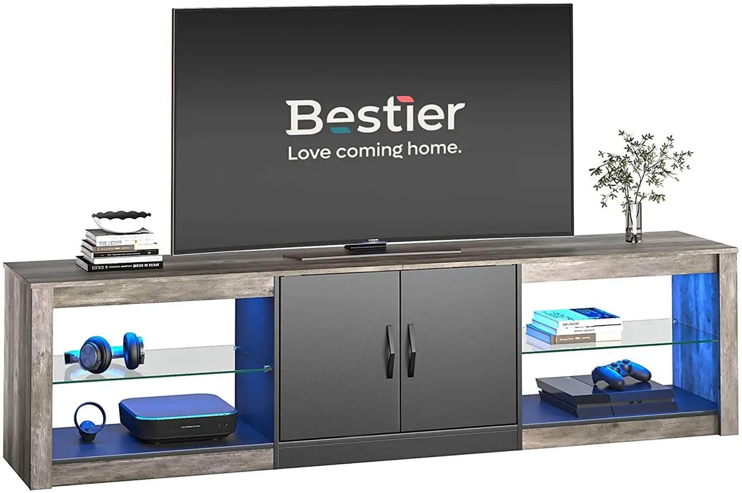 Bestier 70/80 Inch TV Stand of Grey Wash with LED Lights for 75/80/85 Inch TV