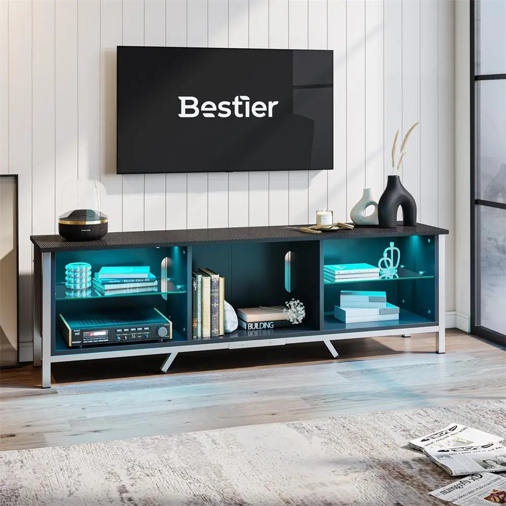71'' TV Stand with Storage Shelves & LED Lights - Bestier
