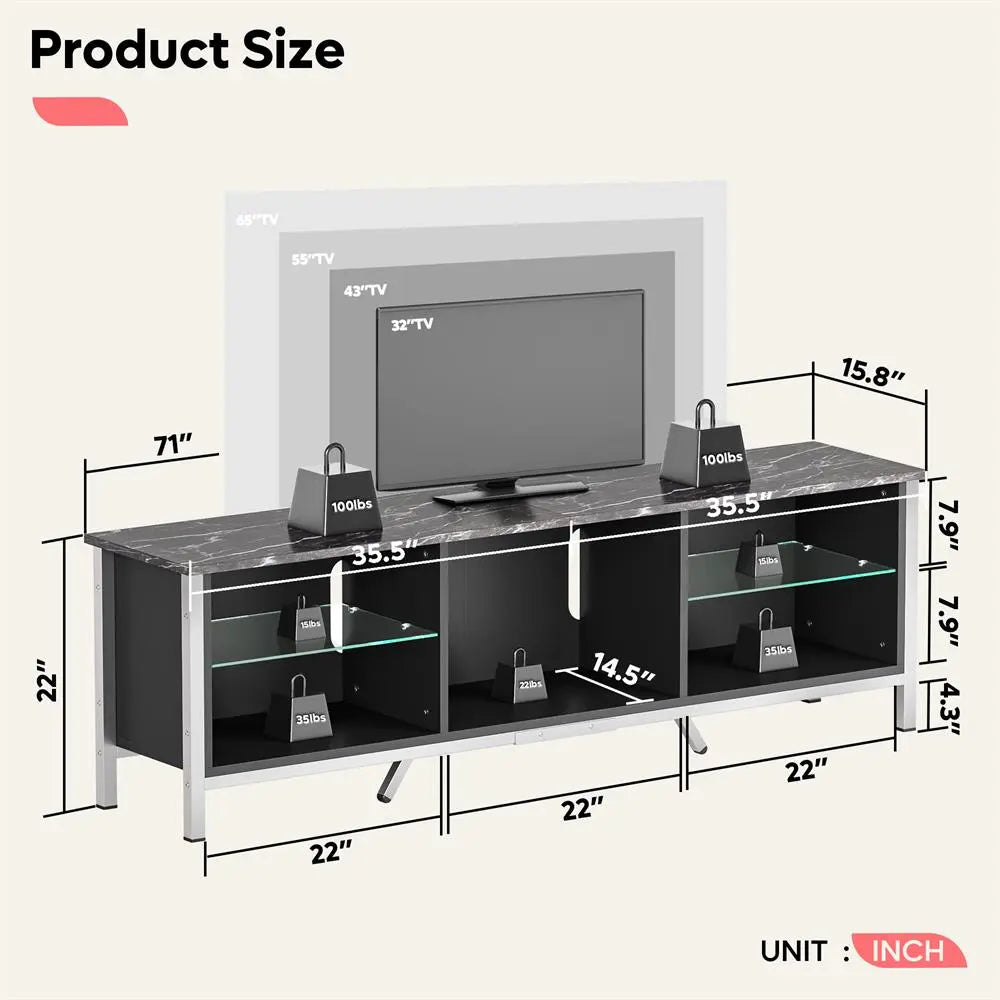 the size of 71'' TV Stand with Storage Shelves & LED Lights - Bestier