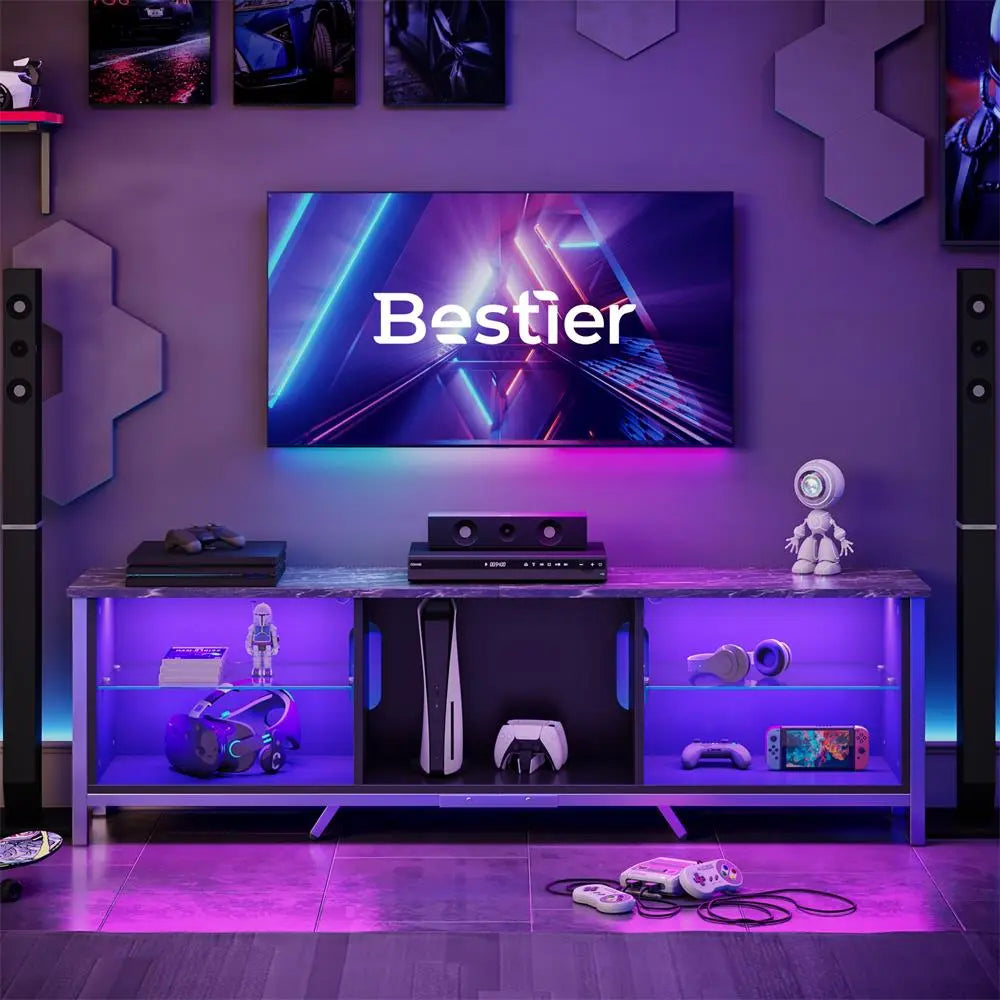 Bestier 70 inch TV Stand of Black Marble with LED Light for 75 inch TV