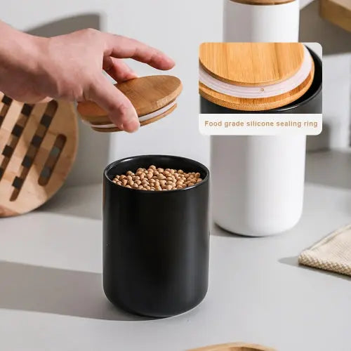3Pcs Ceramic Food Storage Jar of black With Sealing Ring