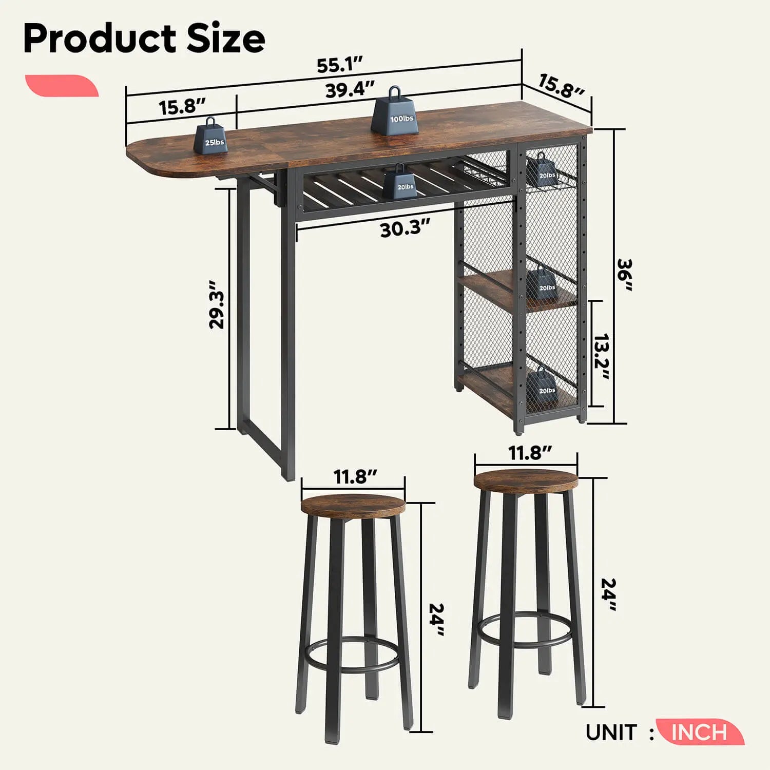 the size of Industrial Dining Set - Buffet Table and Chair Set - Bestier