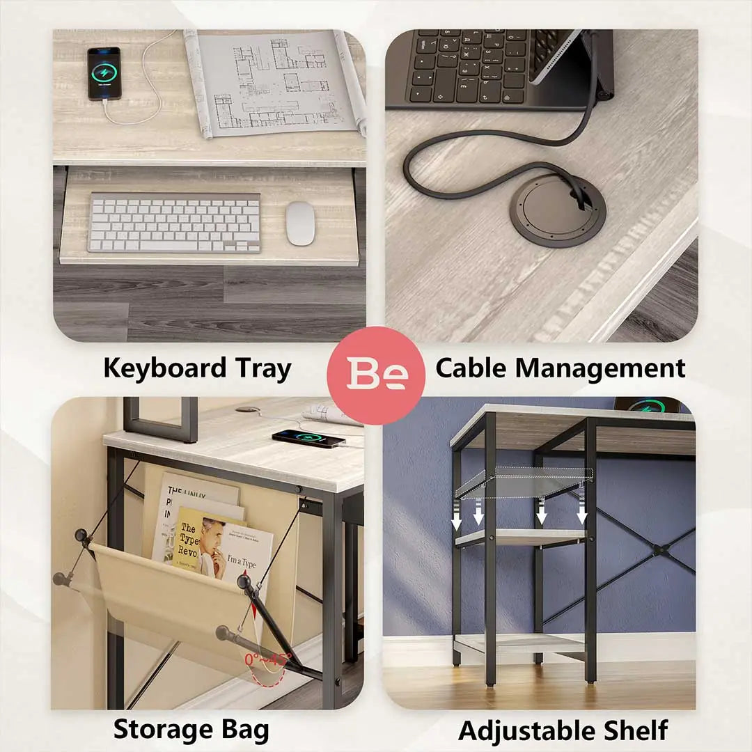 the details of Bestier White Wash L Shaped Computer Desk with Keyboard Tray - Bestier