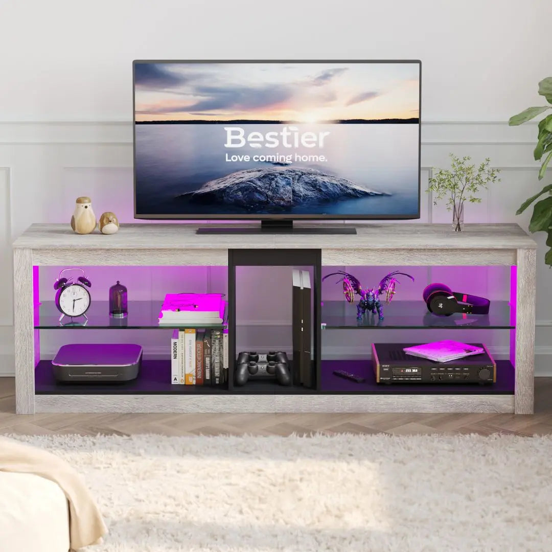 Bestier Entertainment Center LED Gaming TV Stand for 55+ Inch TV Adjustable Glass Shelves 22 Dynamic RGB Modes TV Cabinet Game Console PS4 - Bestier