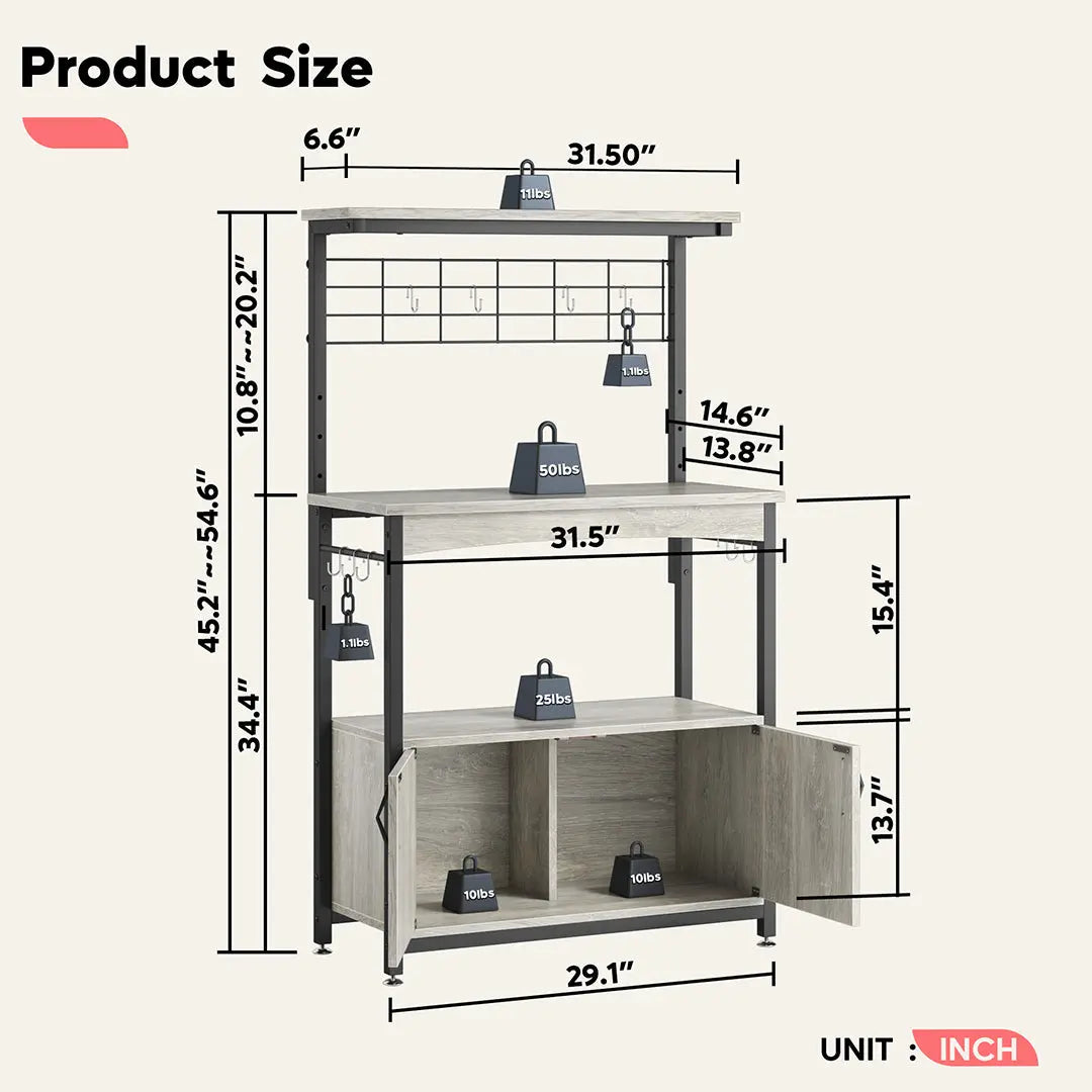 the size of Grey Wash Microwave Stand with Storage Cabinet Bakers Racks - Bestier