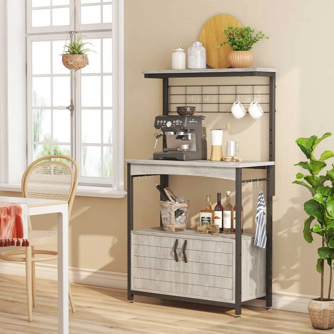Microwave Stand of gray wash with Storage Cabinet Bakers Racks