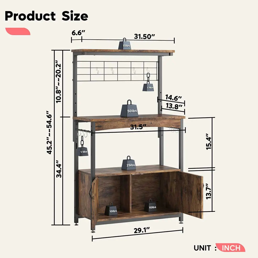 the size of Rustic Brown Microwave Stand with Storage Cabinet Bakers Racks - Bestier