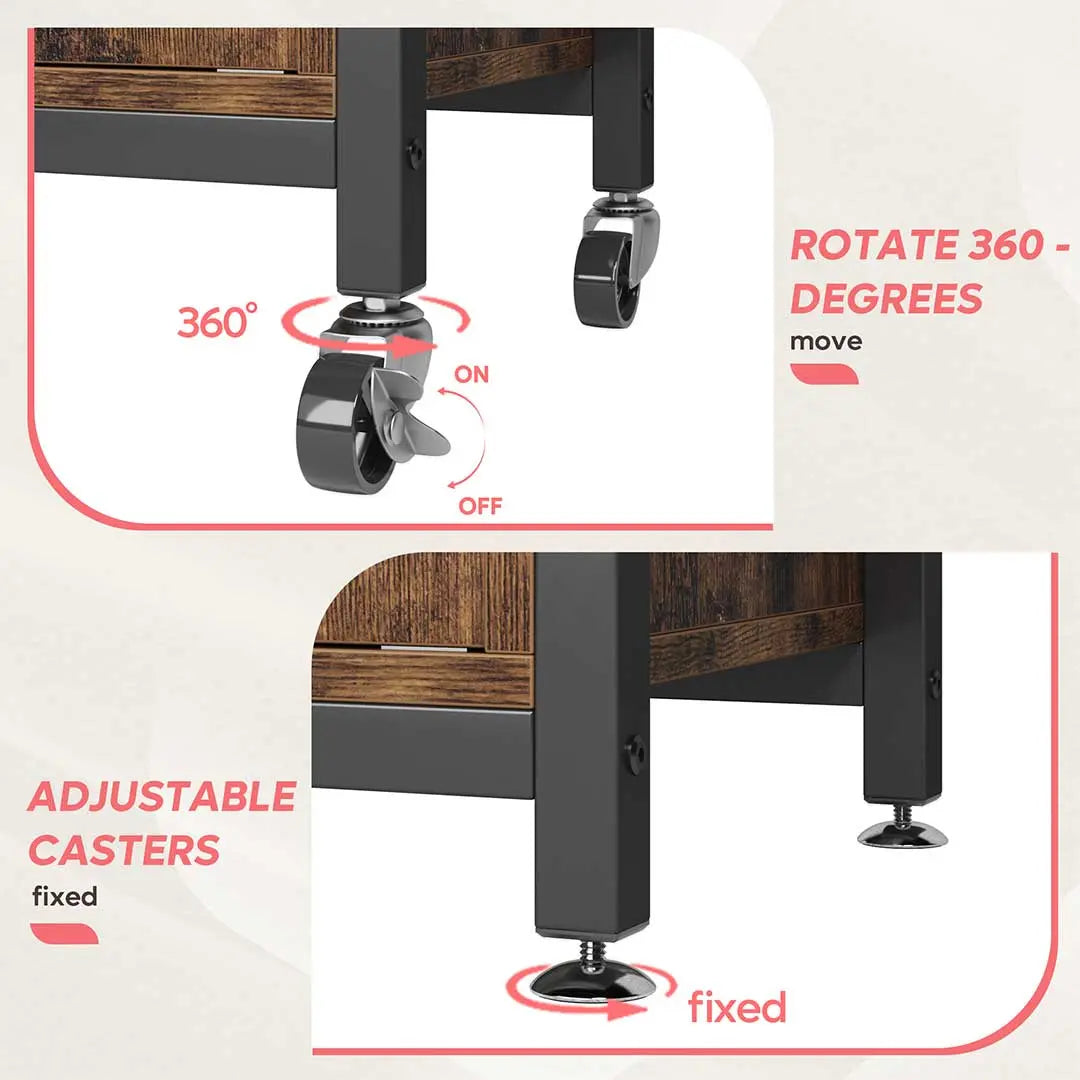 the details of the Rustic Brown Microwave Stand with Storage Cabinet Bakers Racks - Bestier