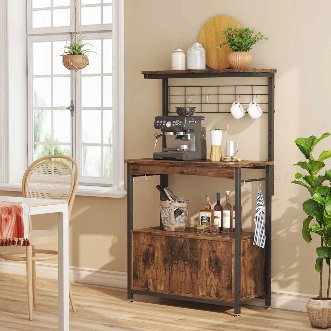 Rustic Brown Microwave Stand with Storage Cabinet Bakers Racks