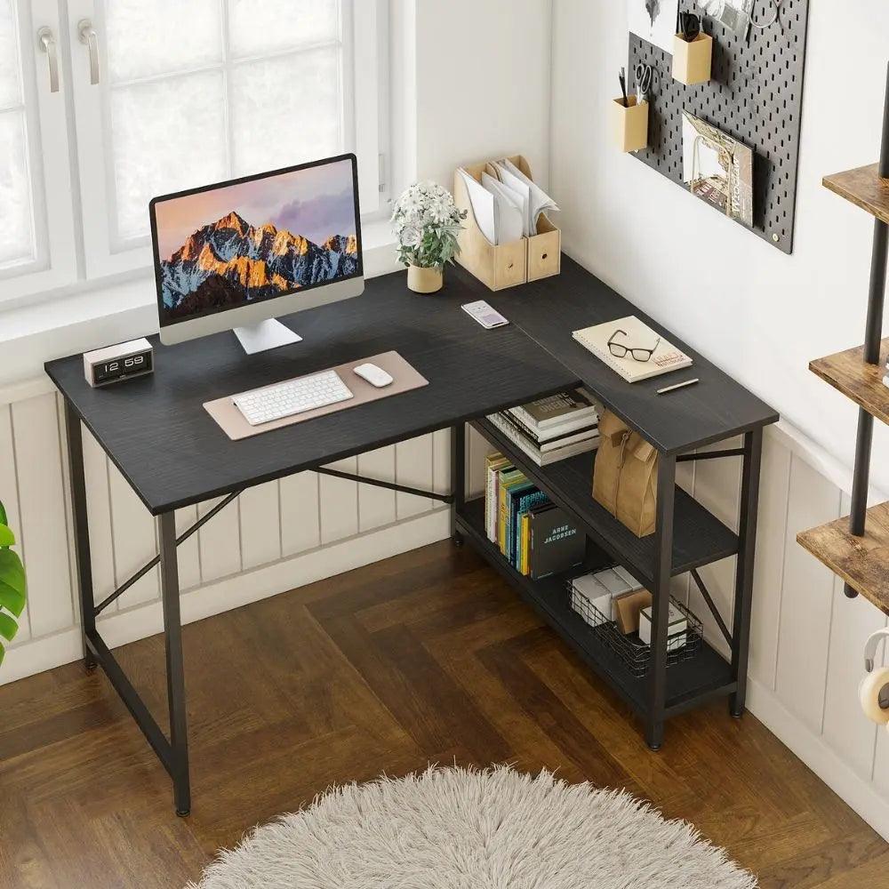 47 inch Small L sheped desk of  Black Carbon Fiber for Home Office Desk with Reversible Shelves - Bestier