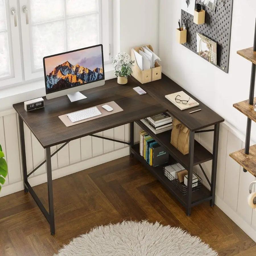 47 inch Small L shaped desk of Dark Walnut for Home Office Desk with Reversible Shelves