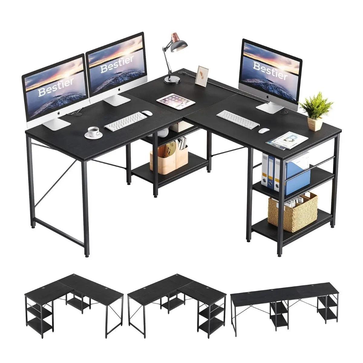95.2 Inch Two Person L Shaped Reversible Computer Desk of black